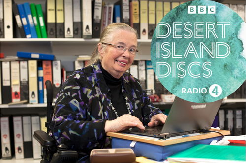 Photo of Jean Golding with a "BBC Radio 4 Desert Island Discs" logo in the top right of the image 